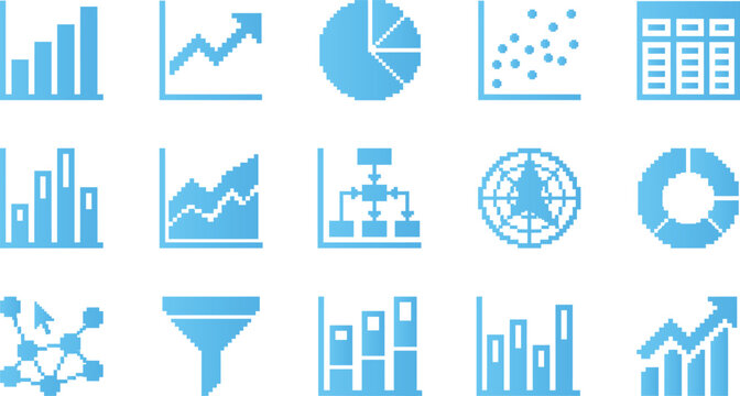 Pixel art business and data analytics icons showing charts, graphs, and diagrams.