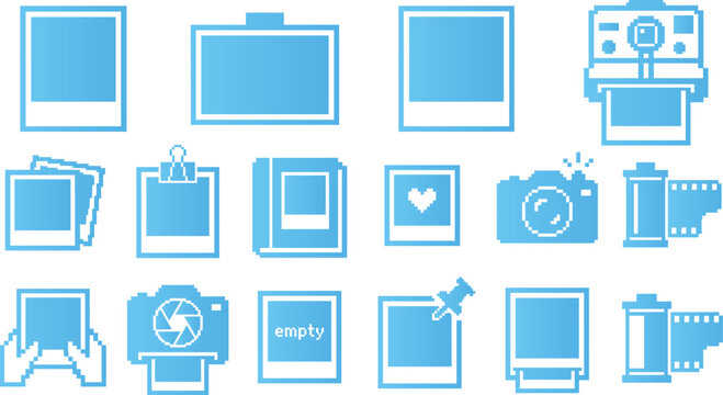 Set of pixel art camera and photo frames with vintage film strips on white background art.