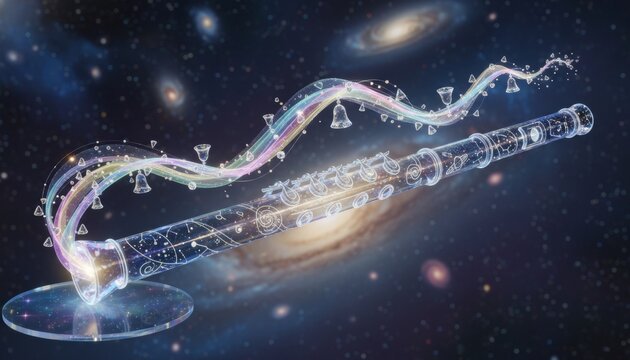Celestial crystal flute emitting magical music energy in deep space
