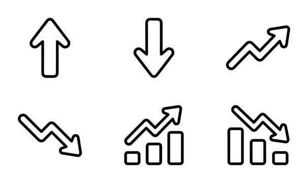 6 Business Growth Outline Icons Arrows Bar Charts, Minimal Black Style, Financial Success Marketing Set