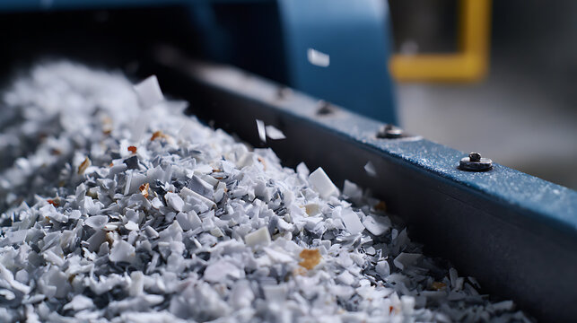 Close up view of shredded white plastic on a conveyor belt, ready for recycling in an industrial environment, symbolizing sustainable production
