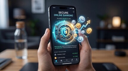 Fototapeta premium Secure online banking concept. Hands holding a smartphone displaying a glowing digital vault with gold coins and upward arrow. Mobile finance and investment security.