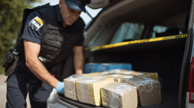 Law enforcement officer uncover illicit packages in vehicle trunk, highlighting an investigation into illegal substances, focused and serious scene