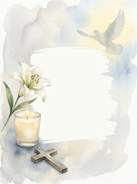 Soft watercolor Christian condolence background with white lily, burning candle, wooden cross and flying dove, with blank copy space for memorial, sympathy, prayer or funeral card design.