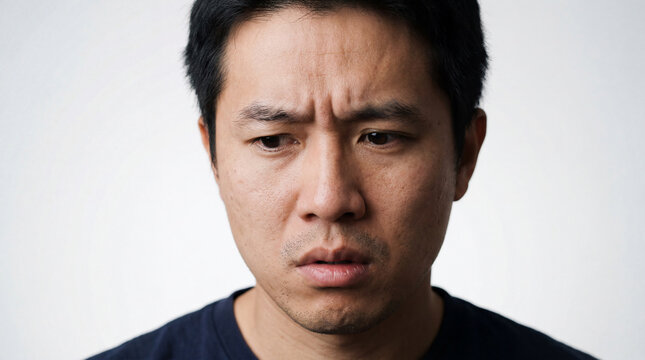 Close-up Portrait of a Concerned Asian Man with a Sad and Anxious Expression, Furrowed Brow, and Downcast Eyes Against a Neutral Studio Background