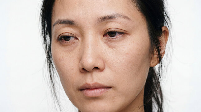 Close-up Portrait of Tired Asian Woman with Dark Circles Under Eyes and Skin Hyperpigmentation Isolated on White Background