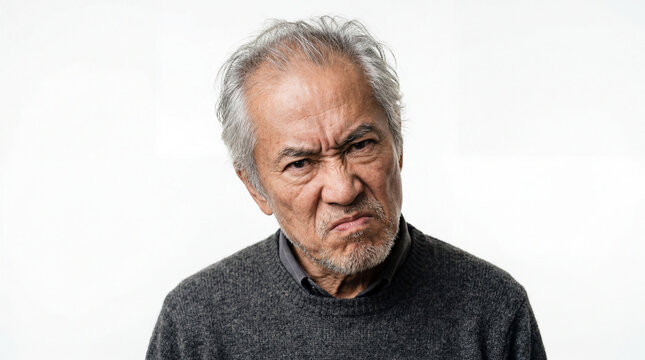 Close-up of an angry senior East Asian man scowling with a frustrated and grumpy facial expression, wearing a grey wool sweater on white background.