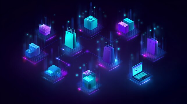 Futuristic neon digital retail and global ecommerce network interface with isometric shopping bags and laptop