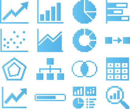 Pixel art data analysis icons with charts, graphs, and diagrams for financial reporting.