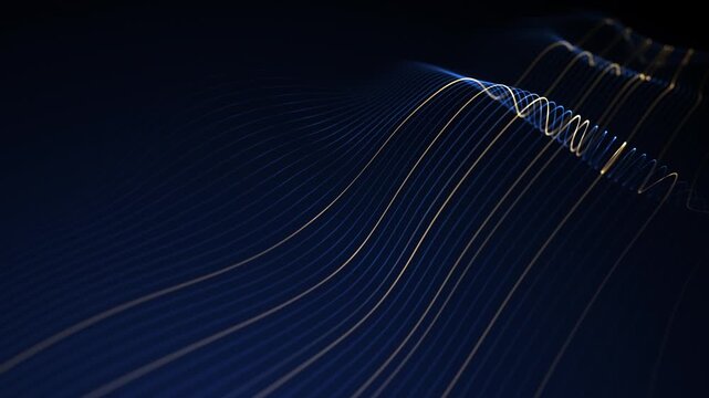 Navy blue background with golden wavy threads. Angled view. Royal blue with liquid yellow shiny lines. Luxurious indigo gold video background. Top view. Looping 4K video at 60 fps.