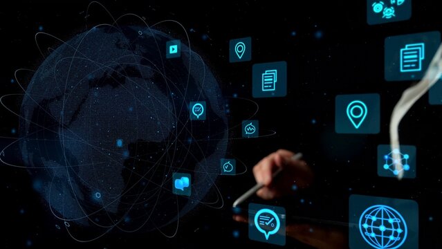 This image captures the essence of a digital age, showcasing a global network with interactive icons symbolizing technology and communication evolving role in society. Xenic