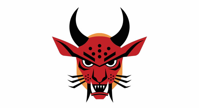 Red devil head with horns and sharp teeth.