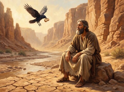 Biblical illustration of Prophet Elijah in the wilderness canyon as a raven brings bread, representing God&rsquo;s provision, faith, solitude and Old Testament miracle.