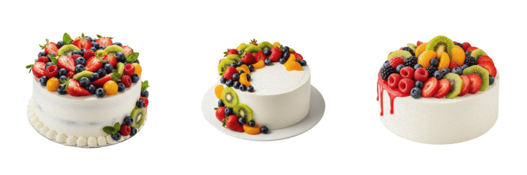 Set of Three Delicious Fruit Topped Cakes Isolated on White Background - Professional Transparent PNG Collection for Bakery, Birthday, Celebration, Dessert Menu, and Creative Food Design Projects