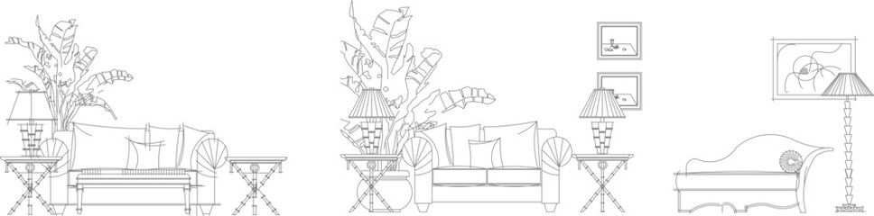 Naklejka premium Collection of living room furniture arrangements featuring sofas with cushions, side tables with lamps, potted plants, and a daybed with floor lamp. 
