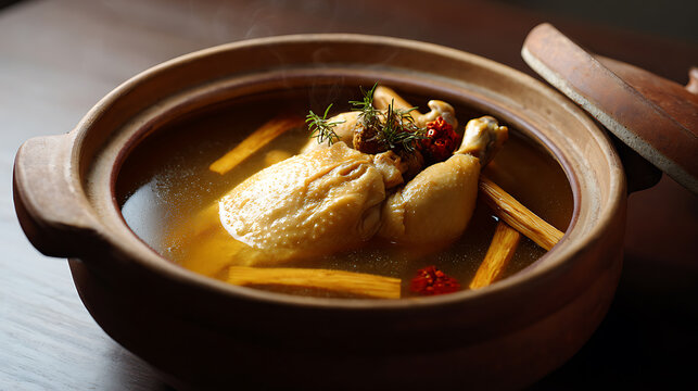 Aromatic chicken and herbal broth simmer in a ceramic pot, featuring tender poultry, longan, goji berries, and astragalus root, ready to serve as a nourishing meal