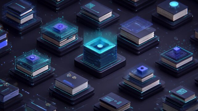 Isometric smart library database grid with books integrated into glowing electronic processor chips for future data knowledge storage