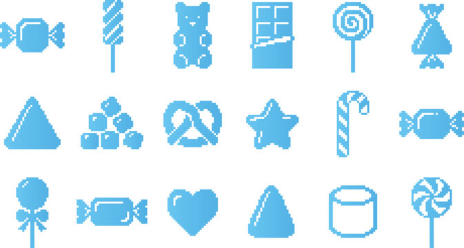 Set of various candy pixel art icons, collection of sweet desserts in 8 bit style.