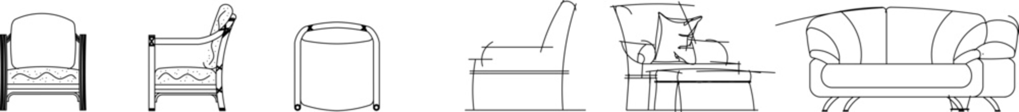 Technical vector set of modern armchairs and sofas, featuring side and front elevation views for interior design plans.