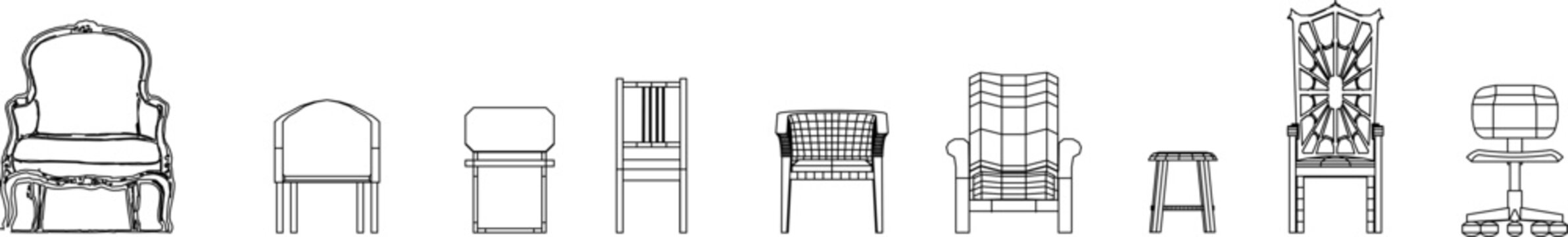 Collection of diverse seating furniture including formal armchairs, a swivel office chair, woven designs, and simple stools. Monochrome line art symbols for interior layouts.