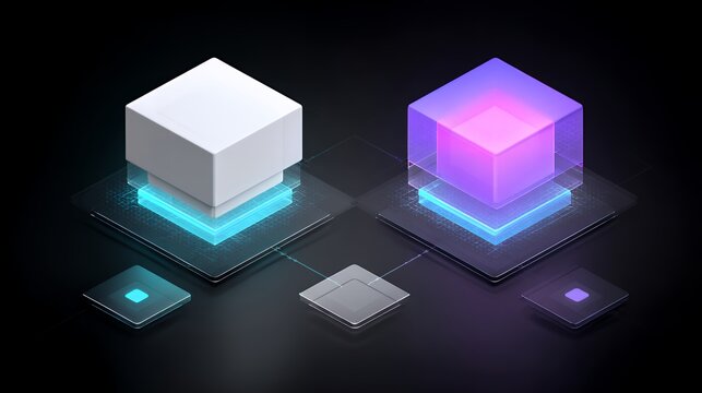 Contrast comparison of two isometric blocks showing solid raw material data transforming into illuminated neon smart token digital asset