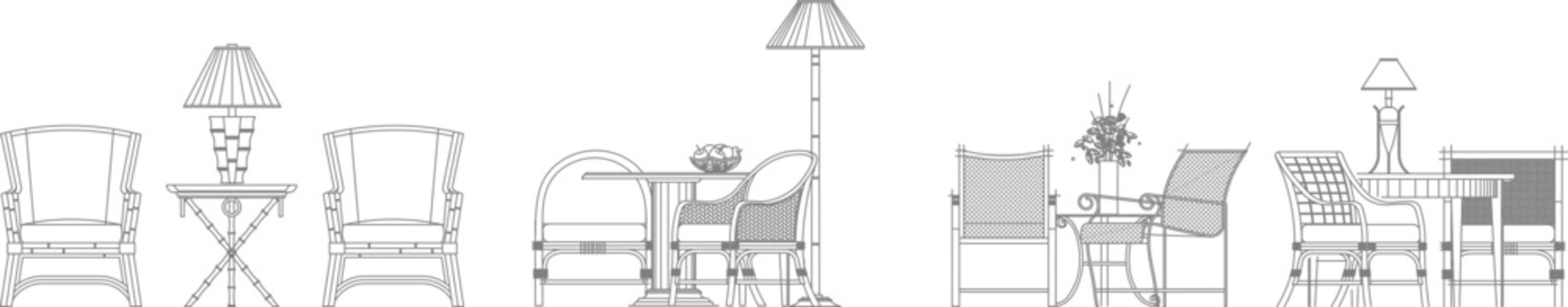 Technical vector set of modern patio and dining furniture, featuring front elevation views of armchairs, tables, and lamps.