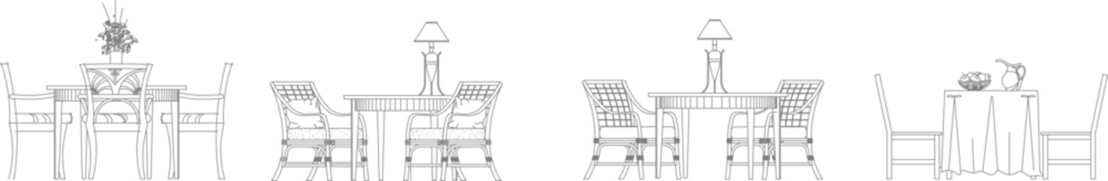 Collection of dining table set arrangements showing various chair configurations around tables with centerpieces and lamps. Interior design furniture layout symbols in monochrome line art.