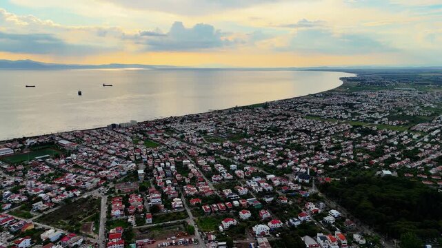 Aerial Coastal Panorama of Dikili, Izmir, Turkey at Sunset