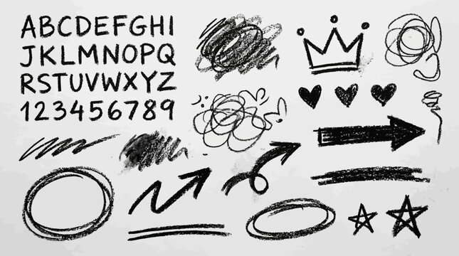 Black crayon scribbles, alphabet and numbers set. Charcoal scribble shapes and doodles