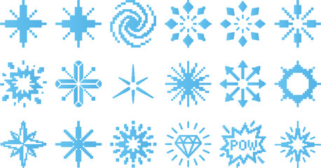 Fototapeta premium Various blue pixel art sparkle icons including diamonds bursts and geometric star shapes.
