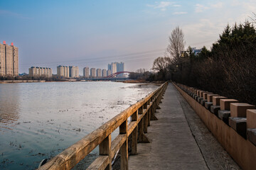 Obraz premium Huifa River Wetland Park in Meihekou, Jilin Province, China – Urban Ecological Restoration Project with Wetlands, Flood Control and Riverside Landscape Infrastructure – April 1, 2026