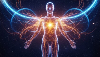 Ethereal human silhouette with radiant energy wings and glowing heart in cosmic space