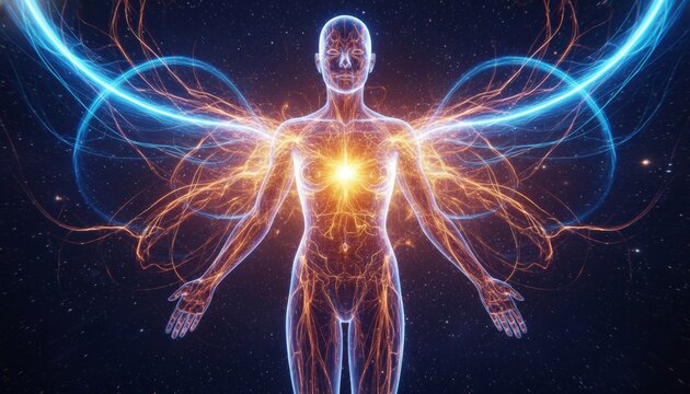 Ethereal human silhouette with radiant energy wings and glowing heart in cosmic space