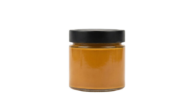 Glass jar with black lid filled with golden honey or spread, isolated on transparent background, ready for stickers, clipart, print on demand, and t-shirt design use.