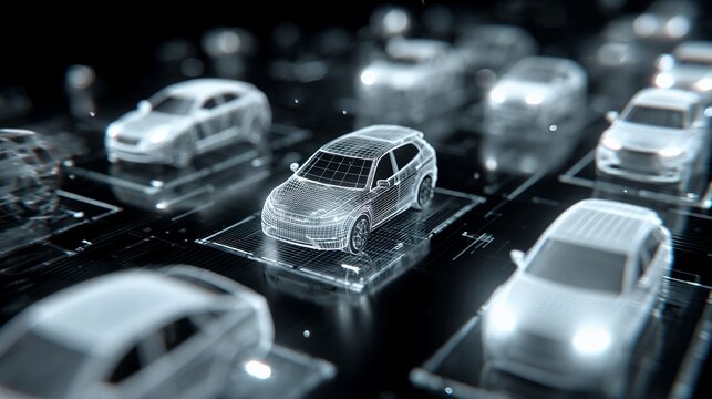 Futuristic autonomous electric car wireframe model on digital interface background, smart city traffic control network concept