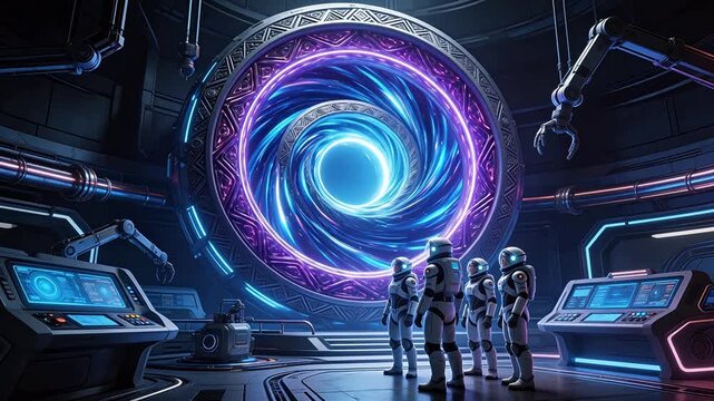 Astronauts in futuristic room with portal