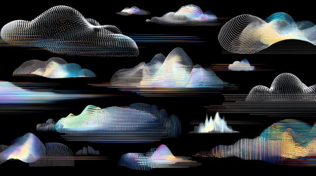 Futuristic wave lines and neon digital clouds design elements with glitch effect for tech visualization background