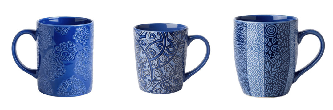 Set of Three Decorative Blue Ceramic Mugs with Intricate Patterns, Isolated PNG Collection, High-Quality Coffee Cup Cutouts for Kitchen, Dining, and Lifestyle Graphic Design Projects, Professional Dri