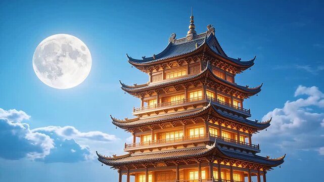 Traditional Asian pagoda under moonlit sky
