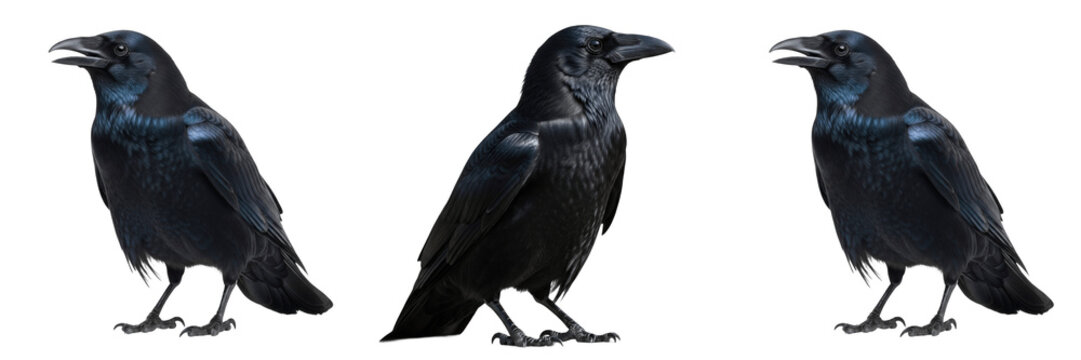 Set of Three Black Ravens Standing, Realistic Crow Birds Isolated on White Background, Detailed Plumage and Beaks, High-Quality Nature Photography for Wildlife Projects, Halloween Decor, and Gothic Gr