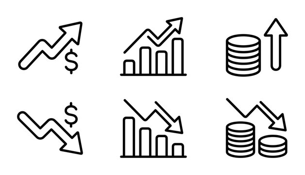 Financial Growth and Decline Icons, Upward and Downward Trends, Stock Market Symbols, Vector Set