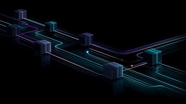 Multi track digital data highway system with neon routing lines and network block nodes blockchain technology 3d background