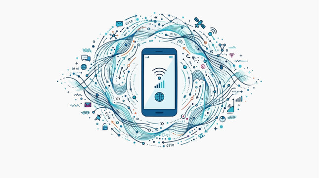 Smartphone connected to global network with digital data flow and communication icons