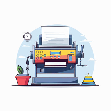 Retro Printer with Plant and Clock
