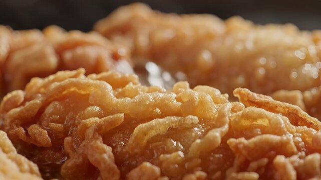 Closeup of freshly fried funnel cake batter sizzling in hot oil.
