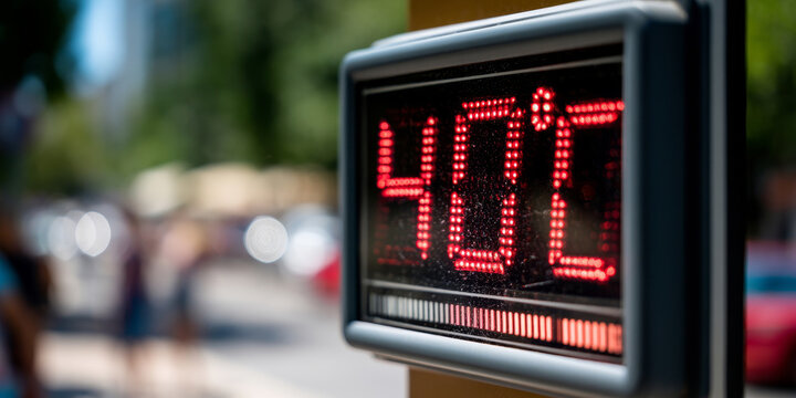 Digital street thermometer showing 40 degrees Celsius during a summer heatwave, representing extreme urban heat, climate change and hot weather warning