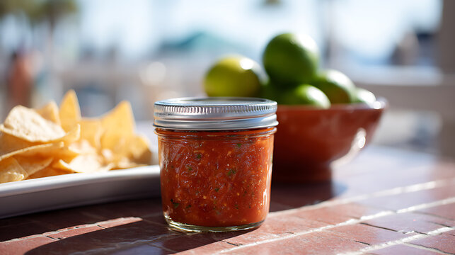 Fresh salsa in a glass jar, perfect with tortilla chips, bathed in warm sun, vibrant, and delicious for a casual outdoor snack