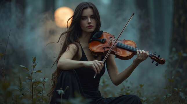 Mulher morena de cabelos longos tocando violino em uma floresta &agrave; noite, com lua cheia e neblina.