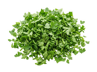 Obraz premium Chopped fresh parsley pile isolated on transparent background, ready for food design, restaurant menus, recipe cards, stickers, print on demand, and culinary clipart use.