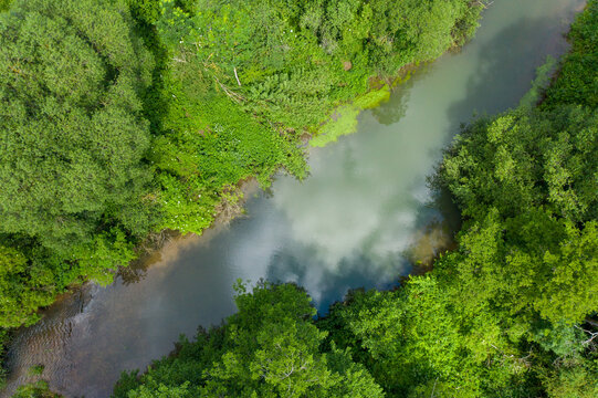 Aerial view of the Wasserwiesen river area with lush green trees and clouds reflecting in the water in Biberach an der Riss, Baden-Wurttemberg, Germany.